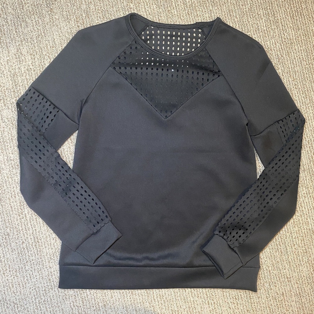 Fabletics Womens S Tilly Neoprene Sweatshirt Sweetheart Crew Neck Mesh Net Black